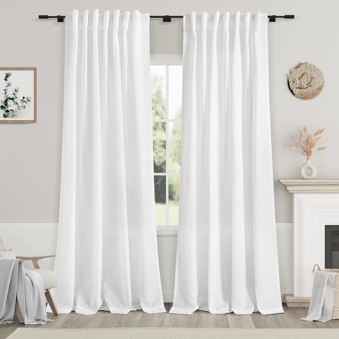 Nanspring White Linen Curtains 84 inches Long for Bedroom Back Tab Light Filtering Privacy Sheer Modern Farmhouse Coastal Decor Off Cotton Textured Gauze Curtain Living Room 2 Panel Set