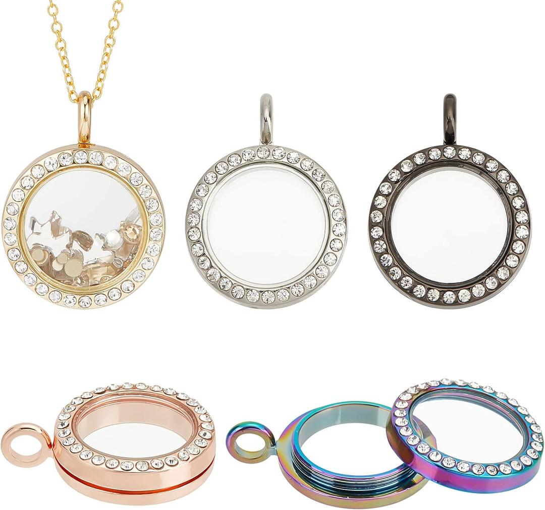 PH PandaHall 5 Colors Rhinestone Photo Charms, 5pcs 1" Photo Frame Charms Round Crystal Photo Pendant Memory Locket Charm for Wedding Bridal Bouquet Keychain Jewelry Making