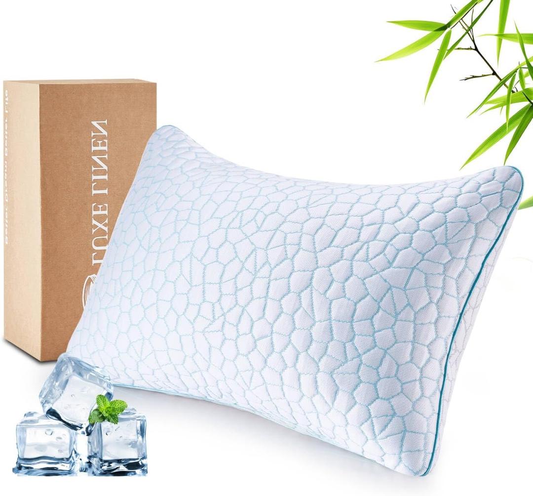Reversible Soft & Cooling Bed Pillow for Sleeping, Standard Cozy Bamboo Rayon Pillow for Side, Back & Stomach Sleepers, PE Cooling Adjustable Shredded Memory Foam Pillows 18"*26"