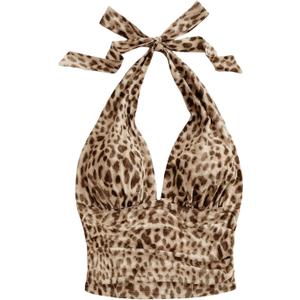 SweatyRocks Women's Summer Open Back Cheetah Print Ruched Going Out Fitted Halter Tanks Crop Top (Medium, Multicolor)