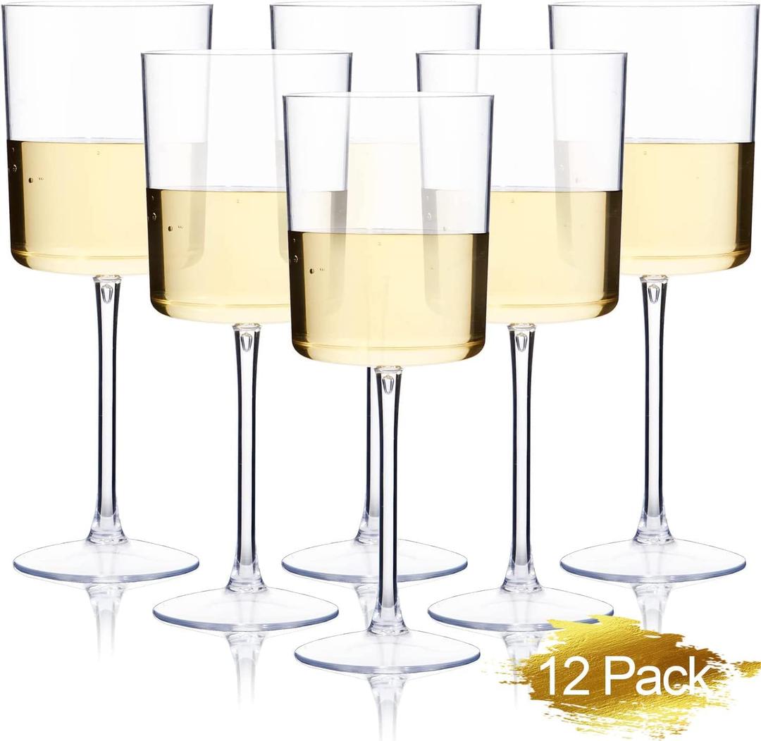 Ciaell 12 Pack Clear Plastic Glasses - 10 Oz Disposable Glasses with Stem for Parties & Weddings & Poolside & Outdoors & Camping