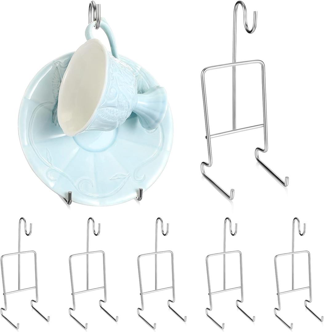 8 Pieces Tea Cup and Saucer Display Holder Metal Cup Saucer Holder Tea Coffee Mug Organizer for Plate 6.22 x 2.44 Inches(Silver)