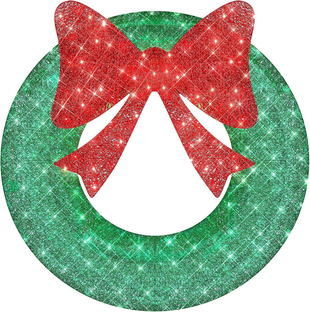 36 Inch Outdoor Christmas Wreath Decorations, Large Lighted Christmas Outdoor Decoration with 138 Lights & Red Bow, LED Metal Holiday Decor for Outside, Exterior Window, Wall, Front Door