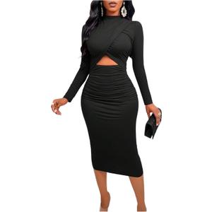 GORGLITTER Women's Wrap Ruched Drop Waist Dresses Fall Elegant Casual Long Sleeve Mock Neck Cut Out Cocktail Midi Dress Black Small