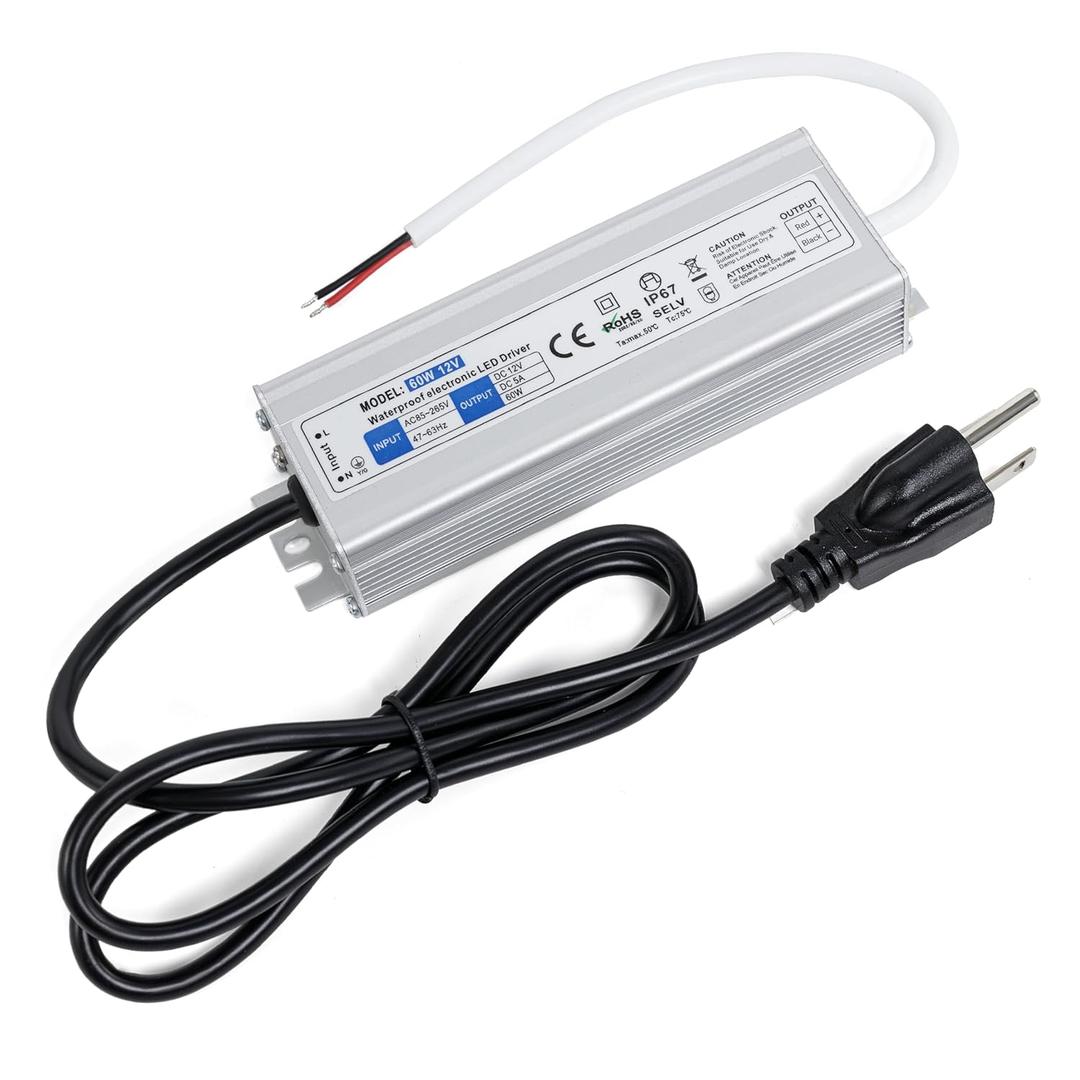 12V LED Power Supply Driver 60W 5A with US Standard 3-Prong Plug by BlueStars - AC 100-240V to 12V DC Constant Voltage Transformer IP67 Waterproof for LED Strip Lights Indoor & Outdoor