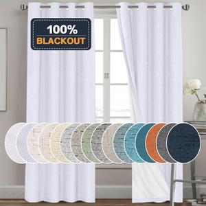 PrinceDeco Linen Texture Curtains for Bedroom Solid 100% Blackout Thermal Insulated with White Liner Room Darkening Curtains/Draperies for Living Room Nursery, Pearl White, 2 Pieces, W52 x L84