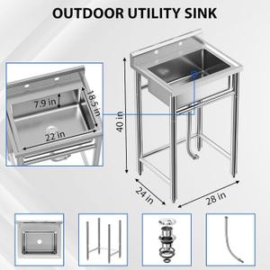 Garvee Stainless Steel Kitchen Sink, 21 x 21 x 33 inches, Built in Sink with Freestanding Single Basin, Cold and Hot Water Connection, Suitable for Restaurant Kitchen, Bathroom, Laundry Room 