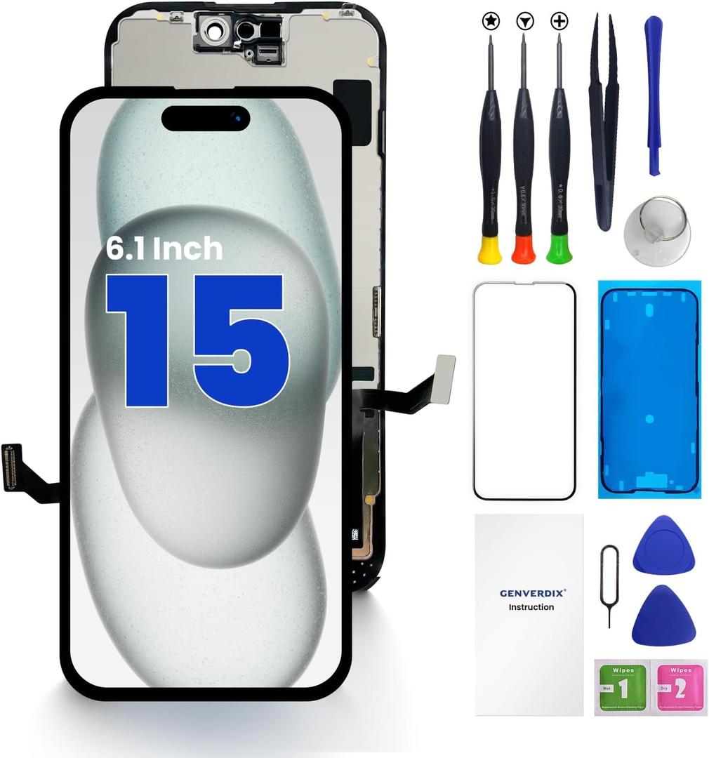 for iPhone 15 Screen Replacement, 6.1 inch 3D Touch LCD Display Full HD Repair kit, Digitizer Assembly with Tools Set, Tempered Glass, Waterproof Frame Adhesive