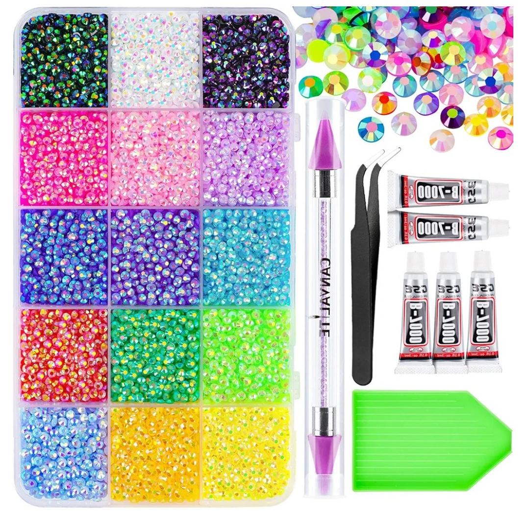 18000Pcs Resin Jelly Rhinestones for Bedazzling, Multicolor 3mm Flatback Rainbow Gems, Bedazzling Crystal with 4Pcs 2.5g Jewelry Glue, Rhinestone Picker for DIY Crafting Clothes Shoes Nail Art