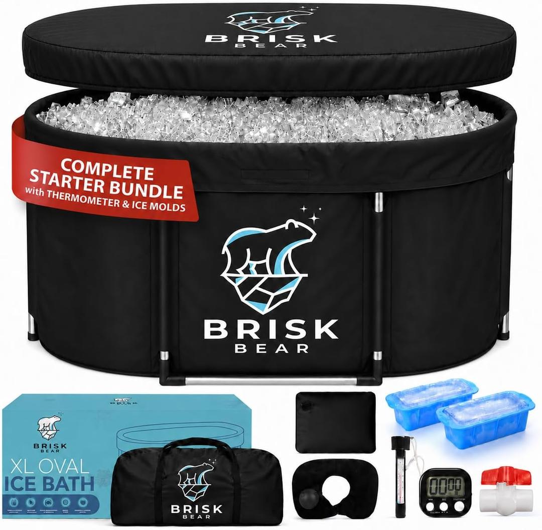 XL Oval Ice Bath Tub for Athletes with Cover by Brisk Bear - Extra Large Cold Plunge Tub for Recovery - Ice Tub with Digital Timer, Thermometer & Reusable Ice Molds - Cold Plunge to Soothe Muscles
