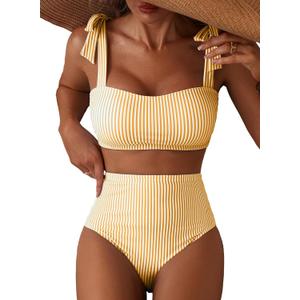 Herseas Women's Tie Shoulder Bikini Sets 2 Piece Striped Swimsuits High Waisted Bathing Suits, M