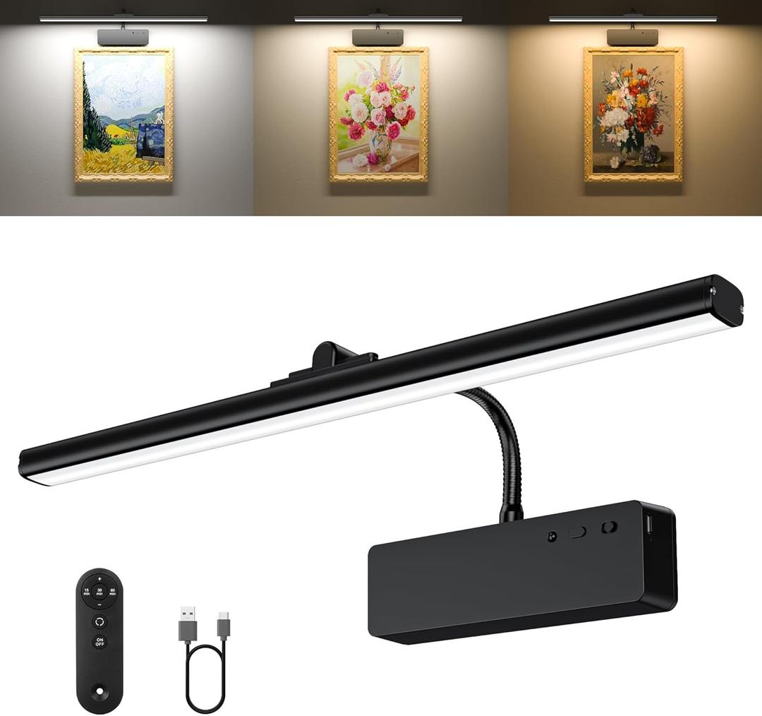 Picture Light, 15.35inch Wireless Picture Lights for Wall Rechargeable, 5400mAh Battery Wall Light with Remote, 3 Color Art Lighting for Paintings with Timer and Dimmable for Display, Gallery (Black)