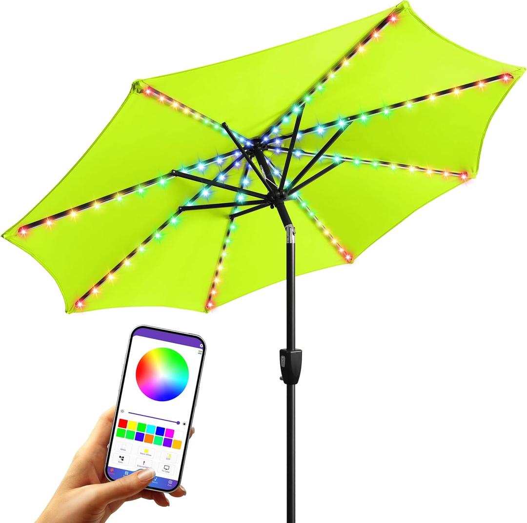 FRUITEAM Solar Colorful LED Lights Patio Umbrella, 7.5FT Heavy Duty Outdoor Market Umbrella with 200+ Light Modes, All-Weather UV Protection Sun Shade for Outdoor Table, Pool, Garden (Apple-Green) (7 1/2FT-Colored Lights)