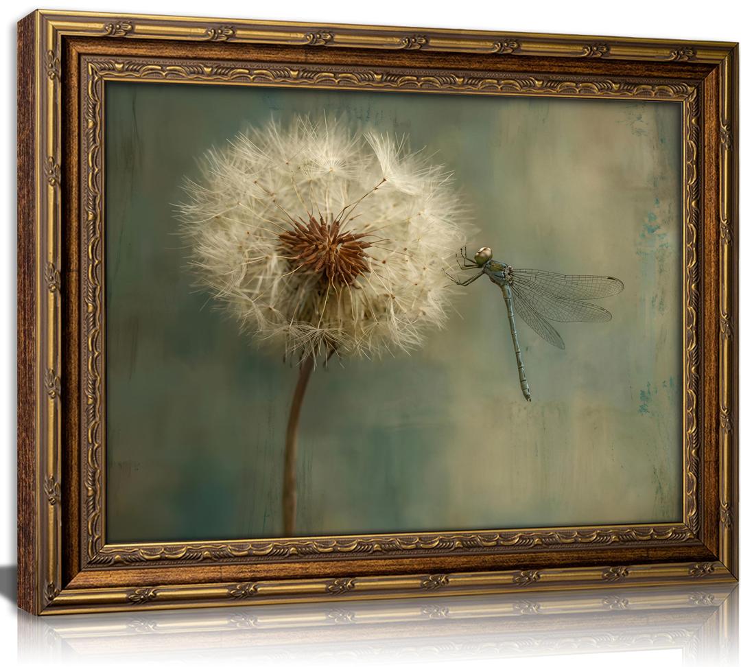 Vintage Gold Framed Dragonfly Wall Art Rustic Wildflower Dandelion Insect Painting Canvas Prints Retro Moody Botanical Picture Poster Country Farmhouse Artwork for Living Room Bedroom Bathroom, 24"L x 16"W