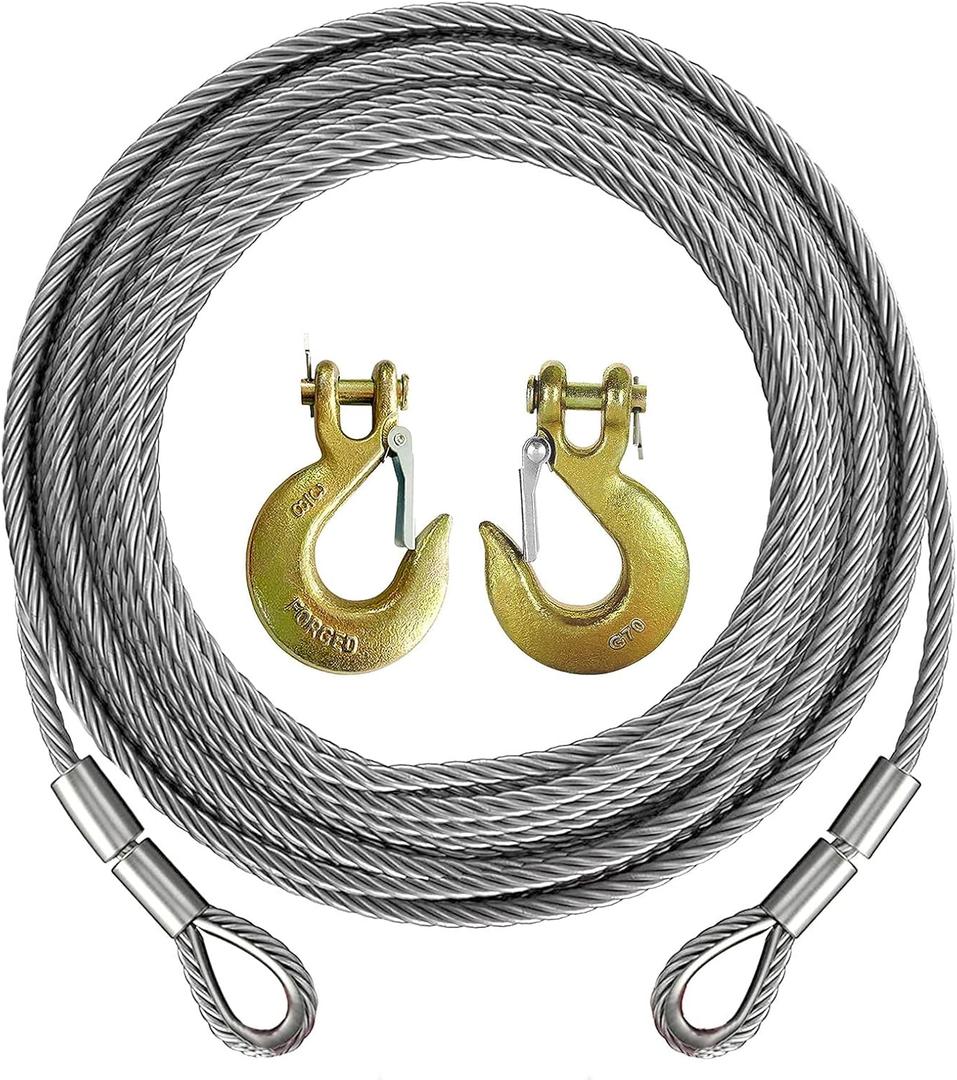 Winch Cable,Towing Cable Heavy Duty,with 2 Pick 3/8" U-clamp Slide Hooks,3/8 inch 7x19 Stranded Construction,13980 lbs Breaking Strength 100 Feet
