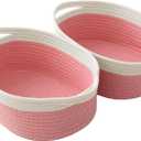 JMvicyroam Woven Basket,Small Rope Storage Bin with Handles & Ribbon Bag, Organizer for Shelves Closets,Gift Basket Empty for Birthday,Books,Dog Toys, White&Pink/2 Pack