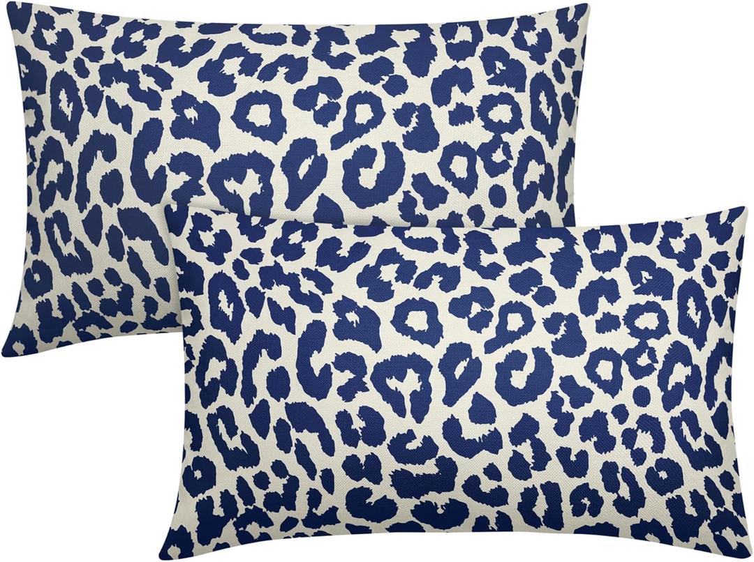 Blue Leopard Print Pillow Covers 12x20 Set of 2 Navy Blue Cheetah Animal Pattern Chinoiserie Decorative Throw Pillows Outdoor Pillowcase Linen Cushion Case Decor for Sofa Couch Bed