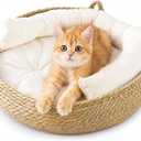 Briwooody 18" Extra Large Wicker Cat Bed with Cushion & Cooling Mat, Natural Woven Cat Basket Straw & Cattail Leaf Handmade Boho Pet House Breathable Summer Kitten Nest for Cats Small Dogs
