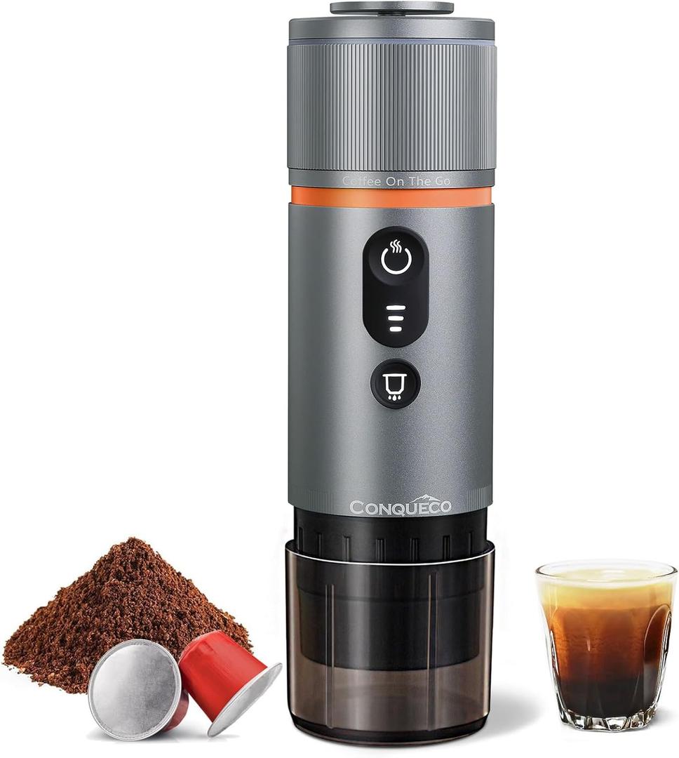 CONQUECO Portable Espresso Machine Travel: 12v Car Coffee Maker for Camping - Small Electric - 2.5 Mins Heating - 8 Cups Espresso for One Charge