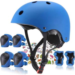 FOOKCIAN Kids Helmet,Toddler Skateboard Helmets for Ages 2-3-5-8-14 Years Boys Girls with Knee and Elbow Pads Wrist Guards fit Roller Skates,Skateboarding,Skating Scooter Adjustable Kids Helmet (Blue)