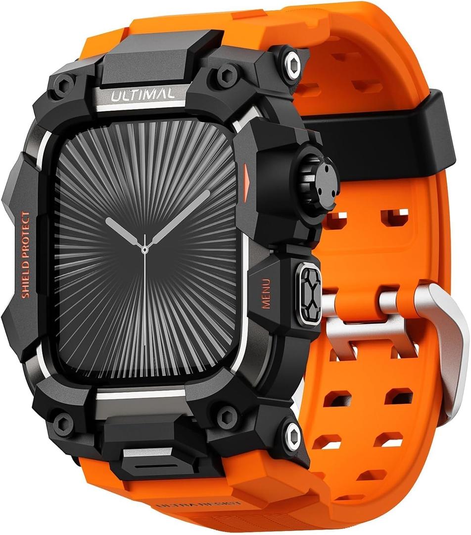 ULTIMAL Rugged Case with Band for Apple Watch 46mm,Compatible with Apple Watch Series 11/10, Military Grade Shockproof Bumper Cover for iWatch Tactical Band Men (46mm,Orange)