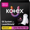 Kotex Ultra Thin Pads with Wings, Regular Absorbency, 100 Count (2 Packs of 50)