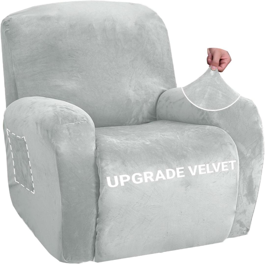 ZNSAYOTX Stretch Velvet Recliner Cover 4-Pieces, Thick Soft Recliner Chair Slipcover with Pocket, Non-Slip Elastic Bottom for Kids Pets, Luxury Plush Reclining Protector Comfy Washable (Silver Grey) (Large)