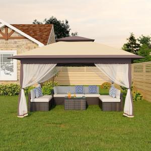 Garvee 12x12FT Pop Up Gazebo with Mosquito Netting, Outdoor Canopy Tent Easy Setup for Backyard Patio Garden Deck, Khaki & Coffee