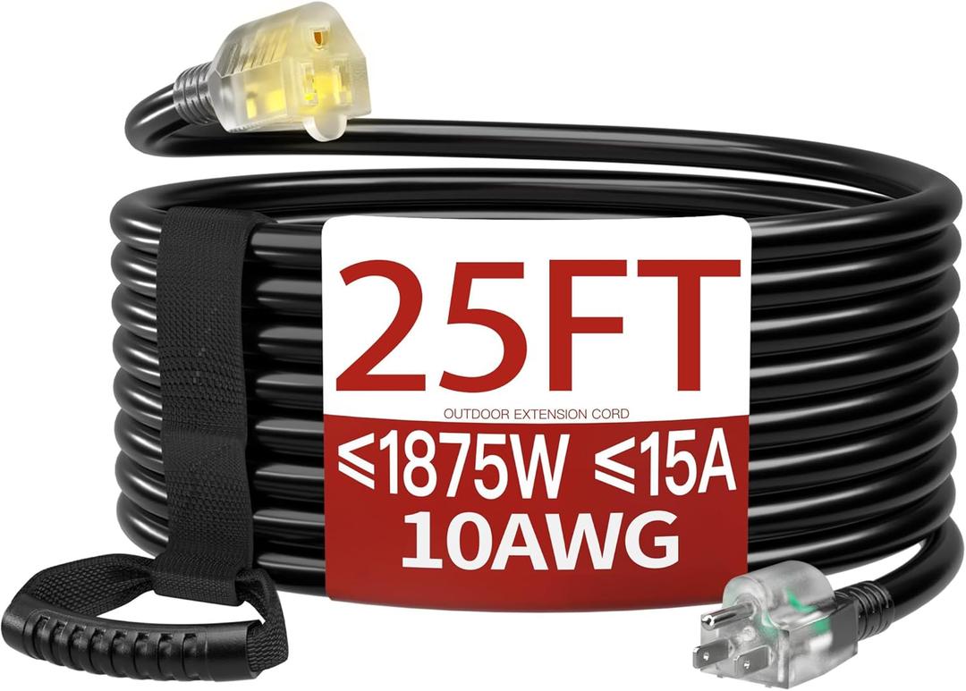25 FT 10 Gauge Extension Cord Outdoor, Heavy Duty Weatherproof & Flame Retardant Black 3 Prong Power Cord with Light, Outside for Lawn & Garden, 15 Amps 1875 Watts 125 VAC 10AWG SJTW, ETL Listed