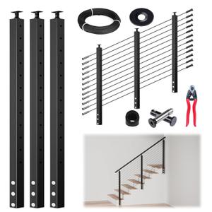 Muzata 10-15FT Modular Black Side Mount Cable Railing Kit 42 Inch 3 Stair Post Kit Complete Set Cable Railing System for Stairs Length Adjustable with Paper User Guide (No Handrail) RWF1 BA4L