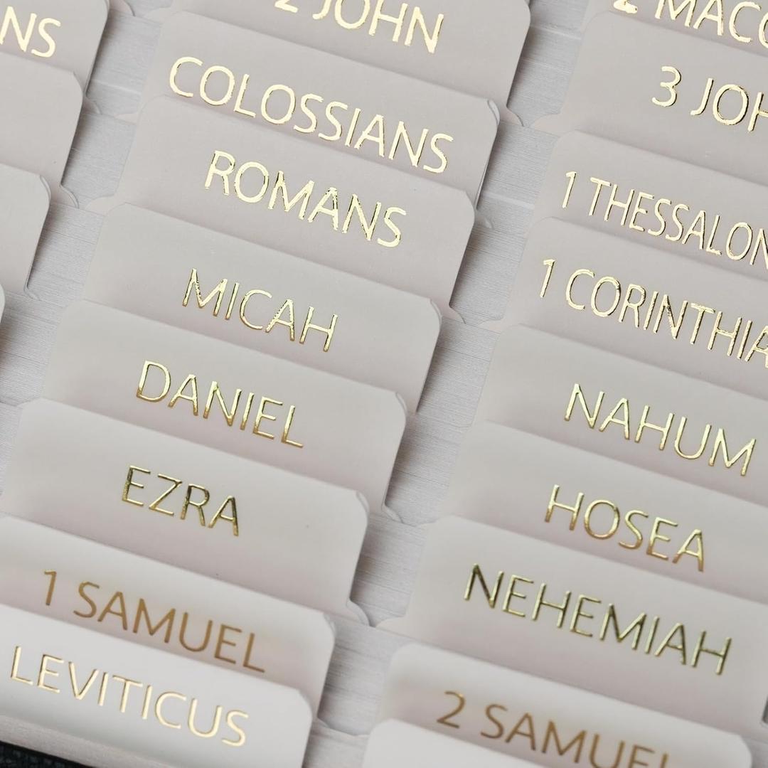 UPAFEXXI-Laminated Bible Tabs with Book Summaries(3D Gold Foil Embossed Lettering), Bible Tabs for Women and Men, Reposition Large Print Stickers, Easy to Read, 80Chapters Labels for Easy Navigation