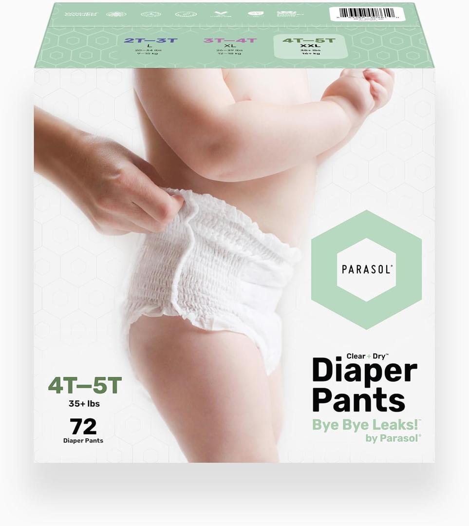 Parasol Clear+Dry Natural Disposable Diaper Pants, RashShield Protection and Active 360 Comfort Wrap, Hypoallergenic Training Diapers, Size 6 (4T-5T), 72 Count (White)