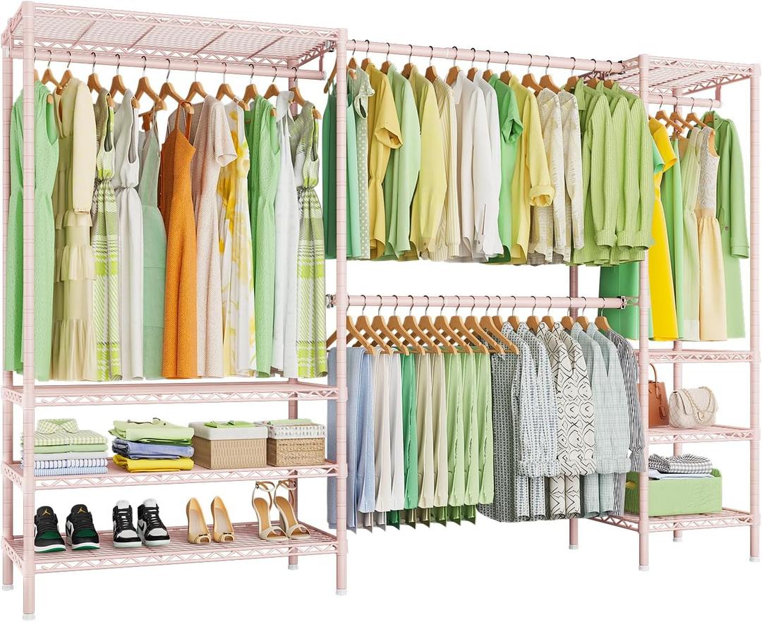 Ulif E11 Heavy-Duty Garment Rack, Metal Freestanding Clothes Rack and Closet Storage Organizer System with 8 Shelves and 4 Hanger Rods, (73.2-97.6)" W x 14.5" D x 71.2" H, Load 1034 LBS, Pink