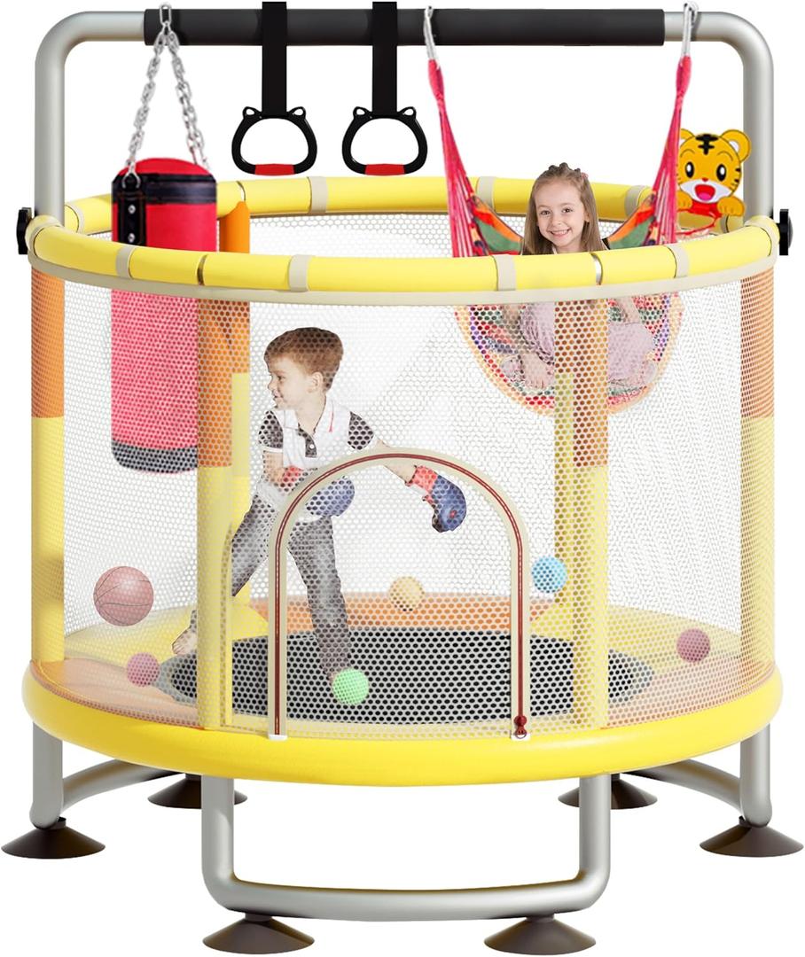 5-in-1 Toddler Trampoline for Kids,60"" Trampoline for Toddlers,Upgrade Kids Trampoline Indoor Outdoor,500lbs Baby Child Large Small Trampoline with Safety Net (light yellow)