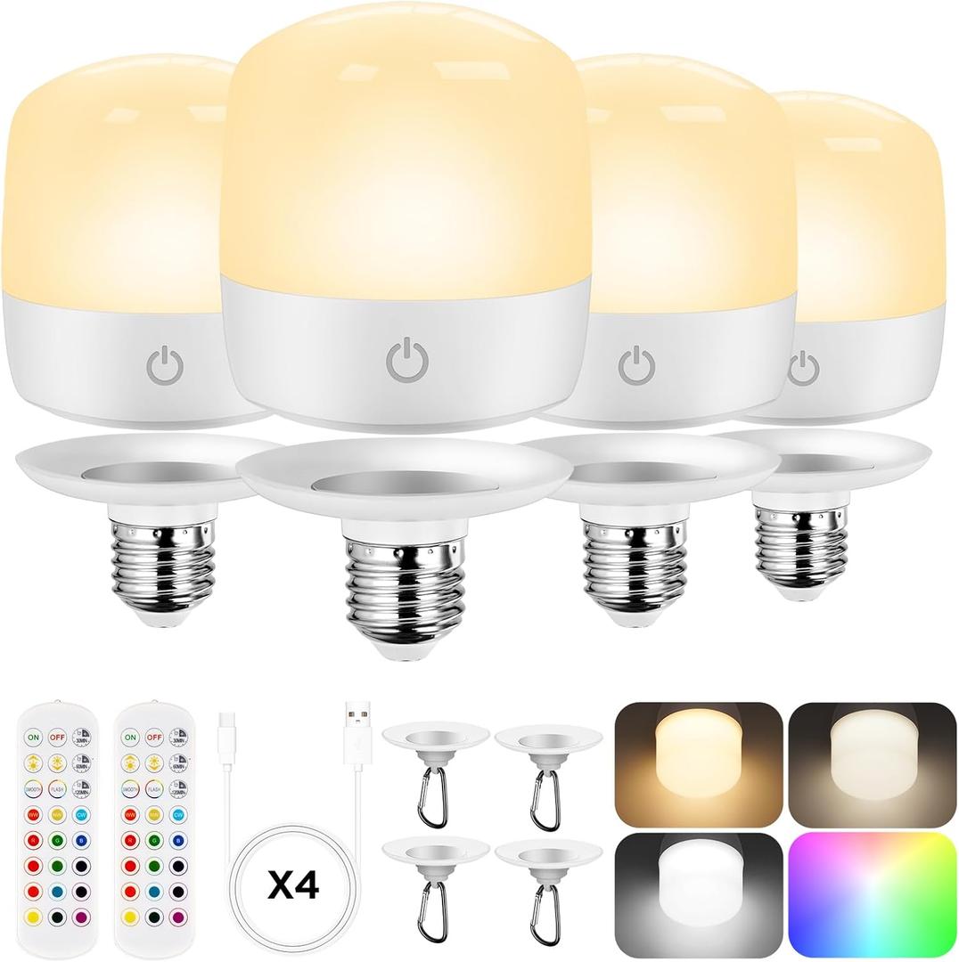 Rechargeable Battery Operated Light Bulb, Dimmable LED Bulb with Remote & Detachable Base, 4000mAh E26 Battery Powered Light Bulb for Non-Hardwired Lamps with 15 Colors Selectable & 3 Timer, 4Pack