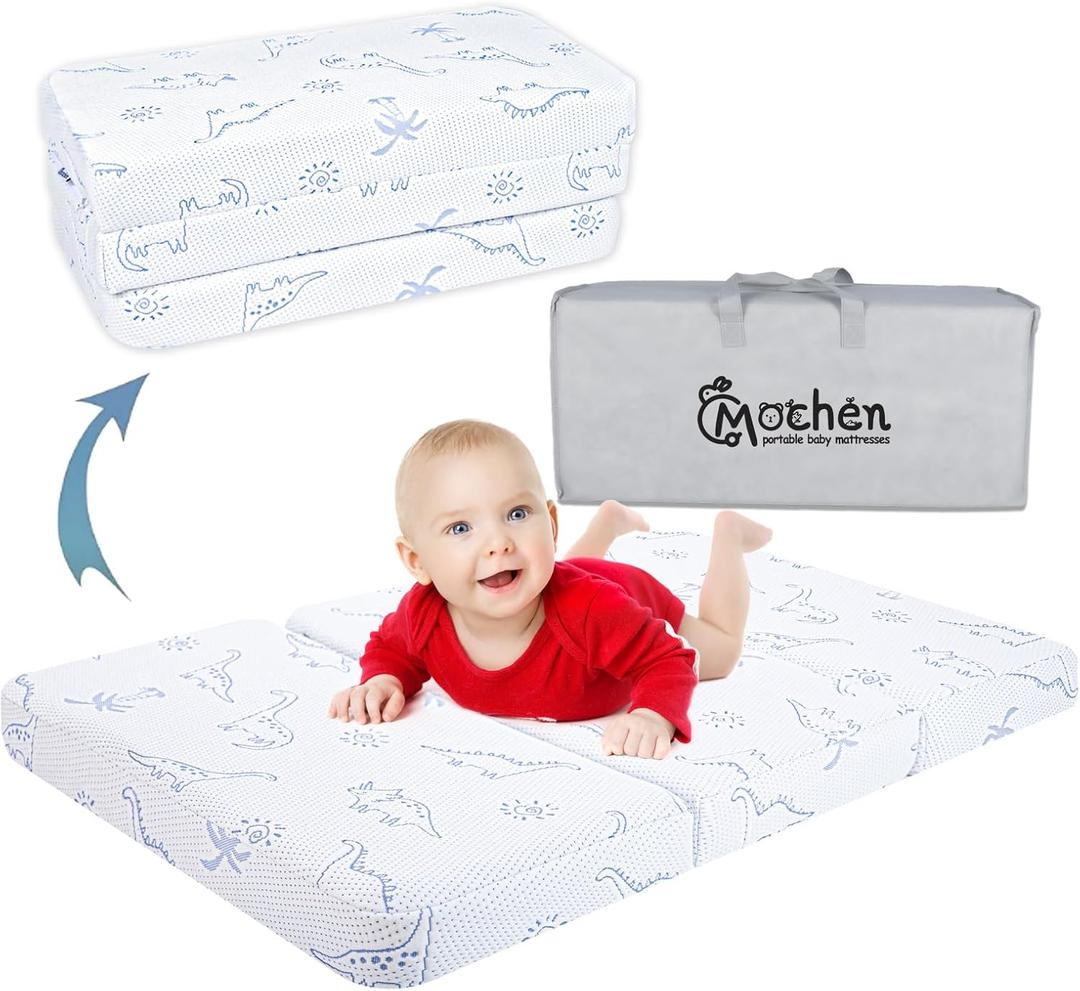 Mochen Trifold Pack and Play Mattress, 38"x26" Dual-Sided Memory Foam Pack n Play Mattresses Pad, Foldable Thick Mattress for Pack N Play Pen with Travel Bag & Washable Cover