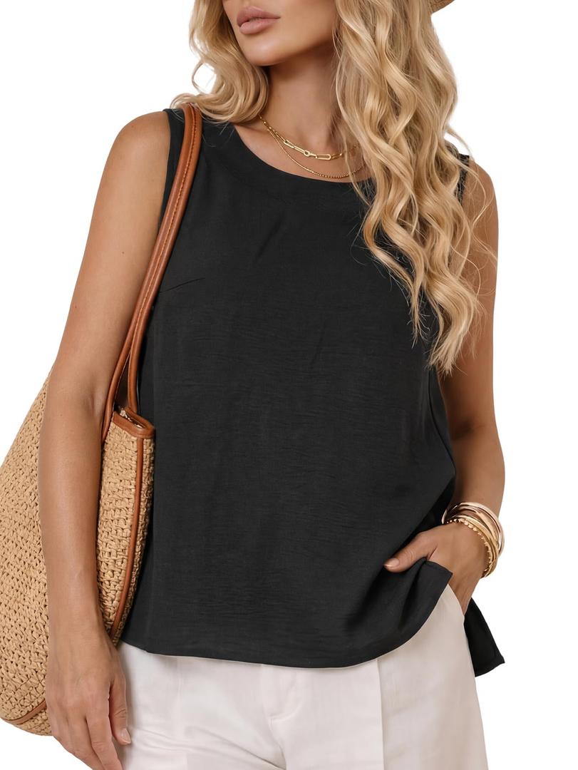 LYANER Women's Round Neck Sleeveless Side Split High Low Hem Weekend Casual Tank Tops Black X-Large (Black, XL)