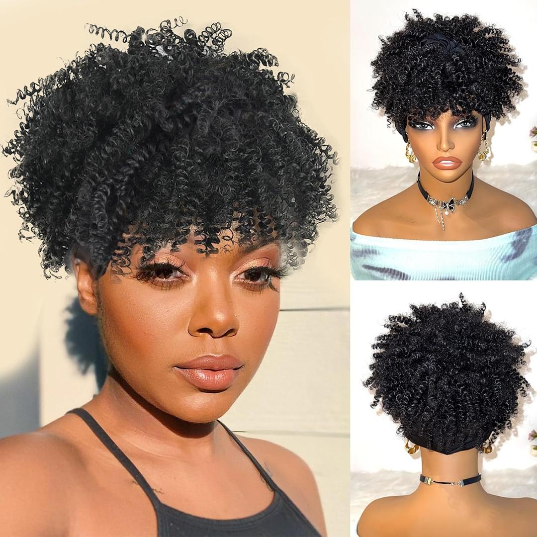 Headband Wig, Afro Kinky Headband Wig with Bangs, for Women Black Head Wrap 2 in 1 for Women, Curly Full Scarf Wigs, Synthetic Short Afro Kinky, Afro High Puff Wig