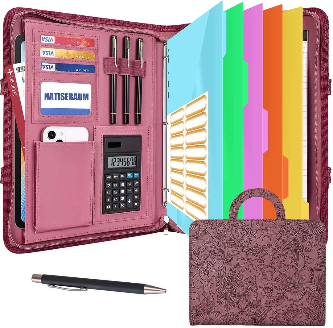 Portfolio Binder 3 Ring Includes Pen and 5 Dividers with 10 Pockets, Padfolio Organizer with Zipper for Men and Women, Includes A4 Notepad for Business, School, Work