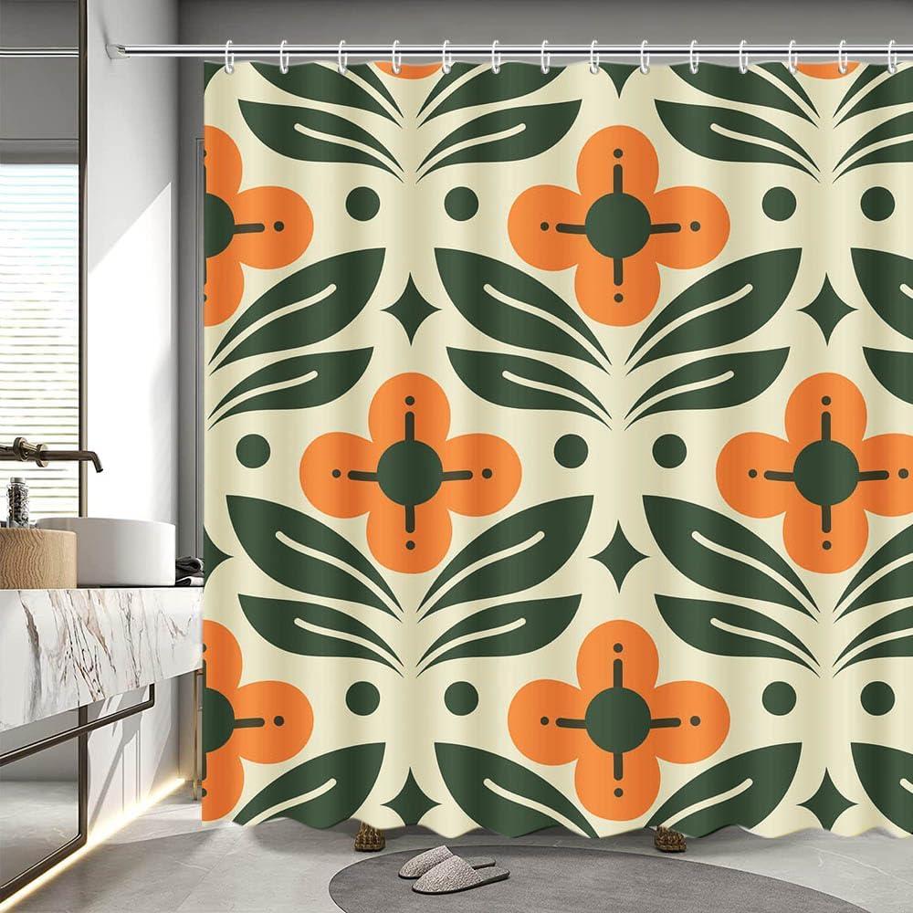 MEHOFOND Orange Floral Shower Curtain Vintage Mid Century Modern Abstract Geometric Green Plant Bathroom Curtain Boho Retro Classic 1950S 60S Bathtub Decor Fabric Waterproof Bath Curtain 72x72 Inch