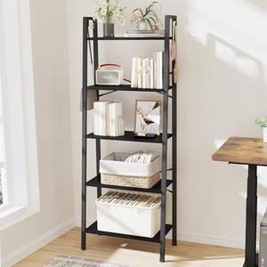 Hzuaneri Ladder Shelf, Bookshelf Bookcase, Freestanding Corner Storage Shelve with 2 Hooks for Home Office, Living Room, Kitchen, Bedroom, Industrial, 6-Tier Black BC19304B