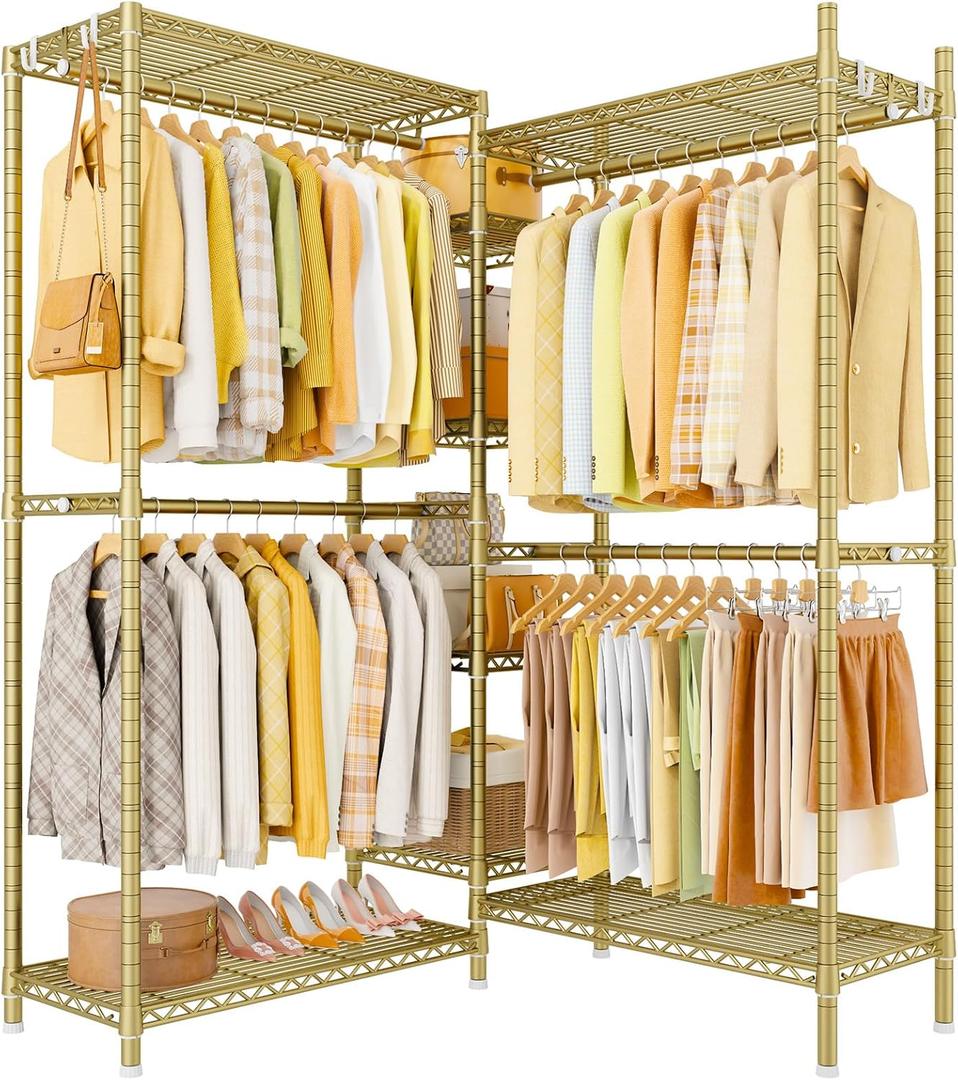 Ulif E4L Corner Clothes Rack, L Shaped Garment Rack, Heavy-Duty Freestanding Closet System with Shelves and Hangers, Max Load 962lbs, 42.7" W x 42.7" D x 79.3" H, Gold