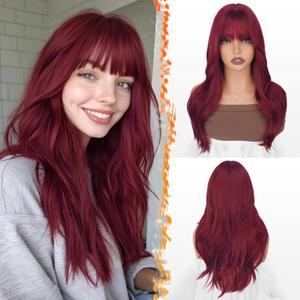 BARSDAR Burgundy Red Layered Wig with Bangs - 20 Inch Red Layered Wig with Bangs for Women - Natural Looking Soft Wavy Synthetic Wigs Straight Layers Haircut Fringe Daily Party Halloween