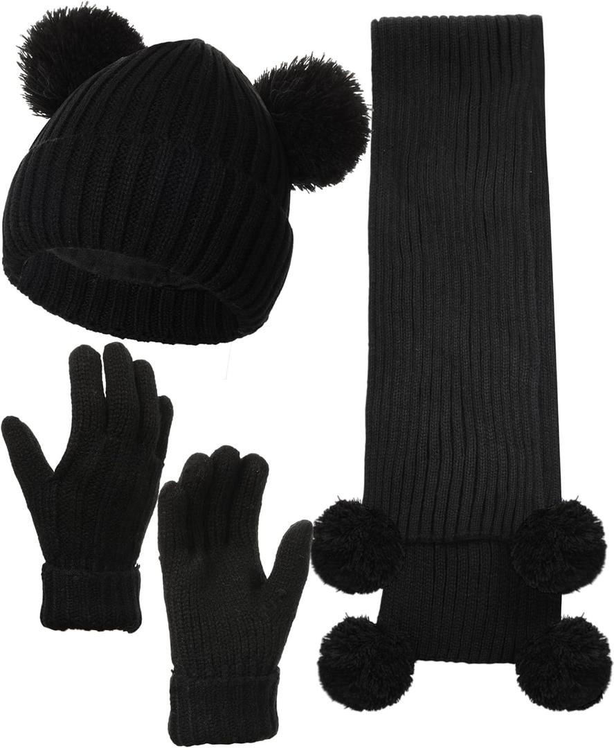 Geyoga 3 Pcs Kids Winter Hat Gloves Scarf Set for Age 2-8 Yrs Boys Girls Winter Toddler Warm Fleece Lined Hat Scarf Gloves (Black)