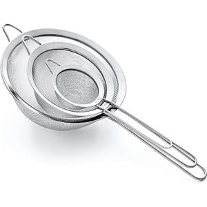 Strainer Set Fine Mesh – Premium 304 Stainless Steel (18/8) – 8″, 5.5″ and 3.3″ Sturdy Kitchen Strainers (Silver)