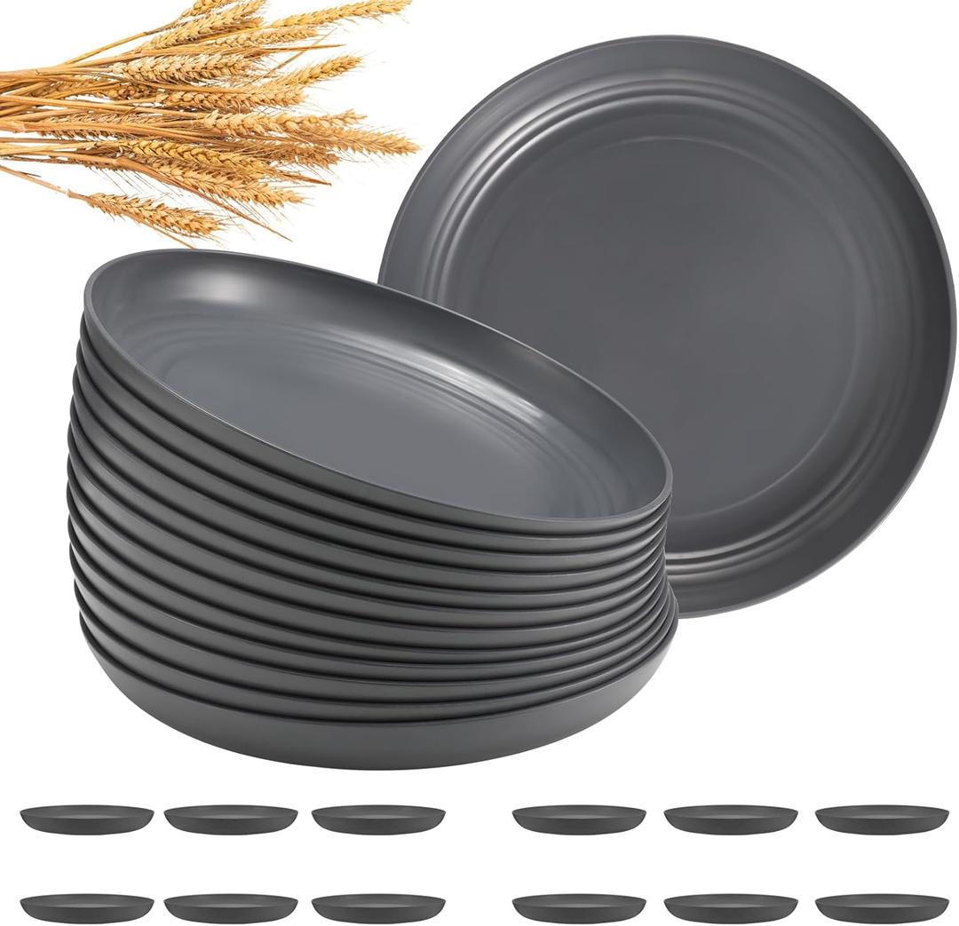 HEYCOME 12 Pcs Unbreakable Deep Dinner Plates Set, 10 inch Reusable Plastic Wheat Straw Plates, Microwave and Dishwasher Safe Plate for Kitchen, Lightweight Plate for Dessert, BPA Free, Dark Gray