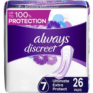 Always Discreet Incontinence Pads for Women and Postpartum Pads, Ultimate Extra Protect, 26 CT, up to 100% Bladder Leak Protection (Long)