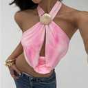 SOLY HUX Women's Backless Halter Crop Top Cowl Neck Tie Back Sexy Going Out Tops Vacation Outfits (Pink, XS)