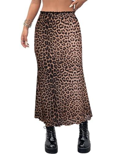 Avanova Women Leopard Cheetah Mesh Long Skirts High Waisted Mermaid Bodycon Midi Skirt Khaki (Leopard, Small)