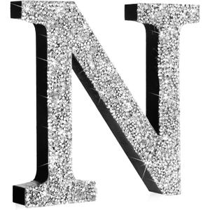 Qunclay Silver Crystal Diamond Bling Letters Crushed Diamond Decoration Wooden Glitter Letter with Screw and Hooks Rhinestone Gift for Valentine Y2k Mcbling Bedroom Wall Decor (Letter N, 5.7"l X 5.7"w)